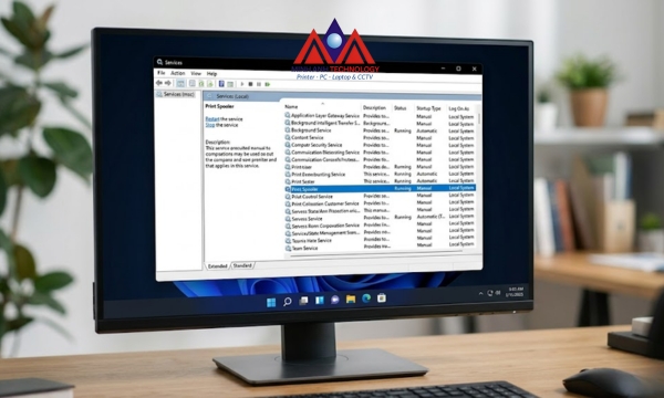 Cửa sổ Windows Services hiển thị tùy chọn Restart Print Spooler để khắc phục lỗi máy in HP không in được